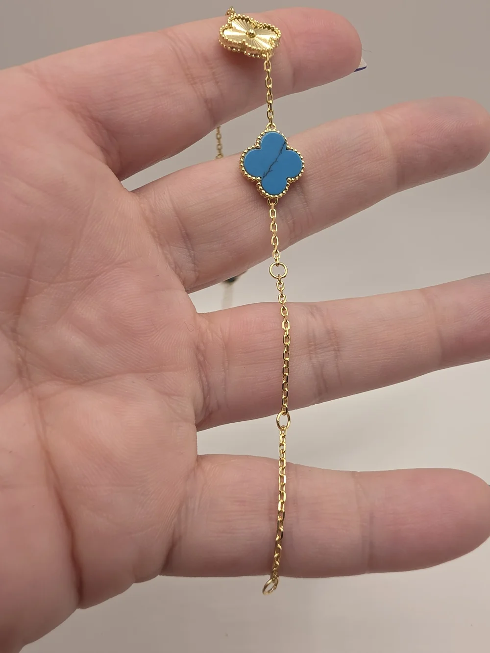 Gold Over S925  Turquoise Clover Link Bracelet 6-8 Inches